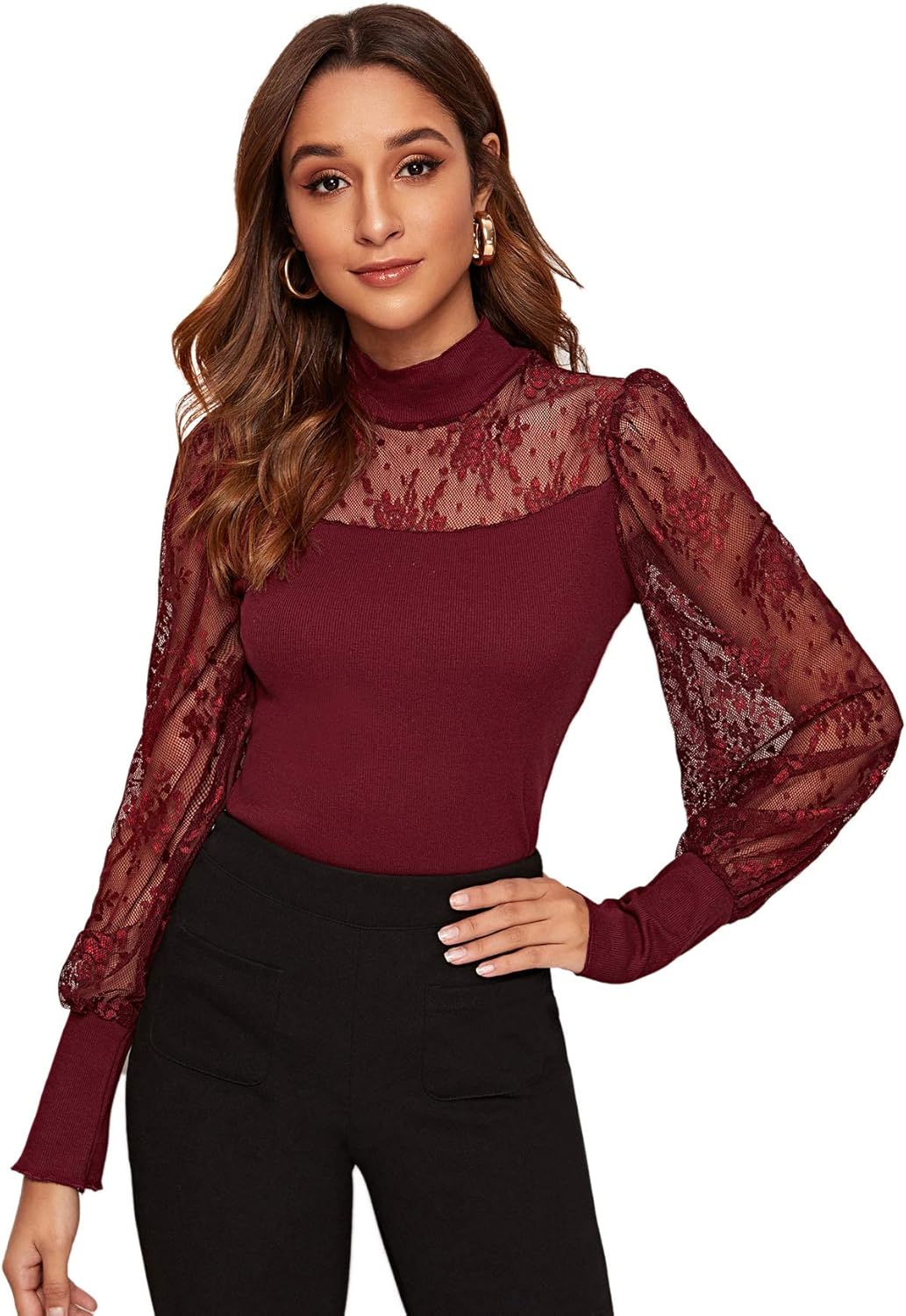 GORGLITTER Damen Top Mit Spitze - PU Leder Langarmshirt Mit Stehkragen