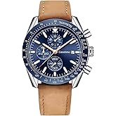 Casotime Men's Leather Band Chronograph Watch - 30M Waterproof Big Face Analog Quartz Date - Work Sport Casual Classical Fashion Designer Dress Wrist Watch - Elegant Gift for Men