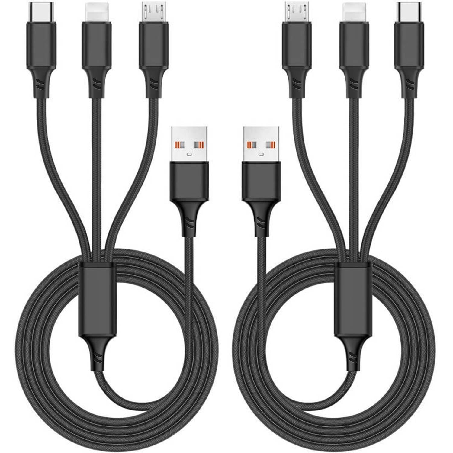 Photo 1 of 3 in 1 Charging Cable Multi Phone Charger 3 Way Charger Cord Multiple Devices USB Cable Type C/Micro USB for iPhone/Android/Tablet/Samsung Galaxy/iPad/Cell Phone (2 Pack 4FT)