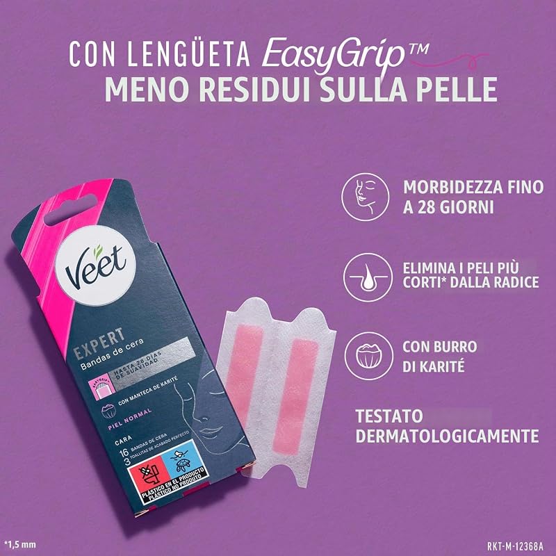 Expert Fasce di cera fredda depilatoria per la depilazione del viso, adatto per labbro superiore (Bigotte), con burro di karitè, 16 strisce