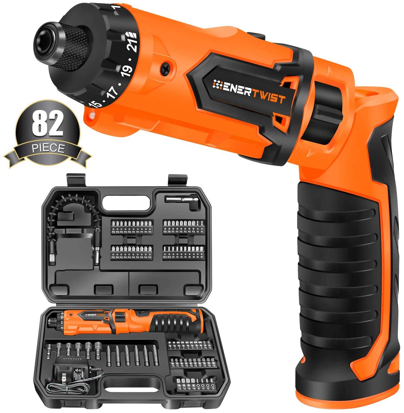 Photo 1 of ENERTWIST 8V Cordless Electric Screwdriver, 82pcs 10Nm Max Fast Rechargeable Screwdriver Set with 1Hr Charger and Accessory Kit in Carrying Case, 21+1 Cluth, Dual Position Handle, ET-CS-8K