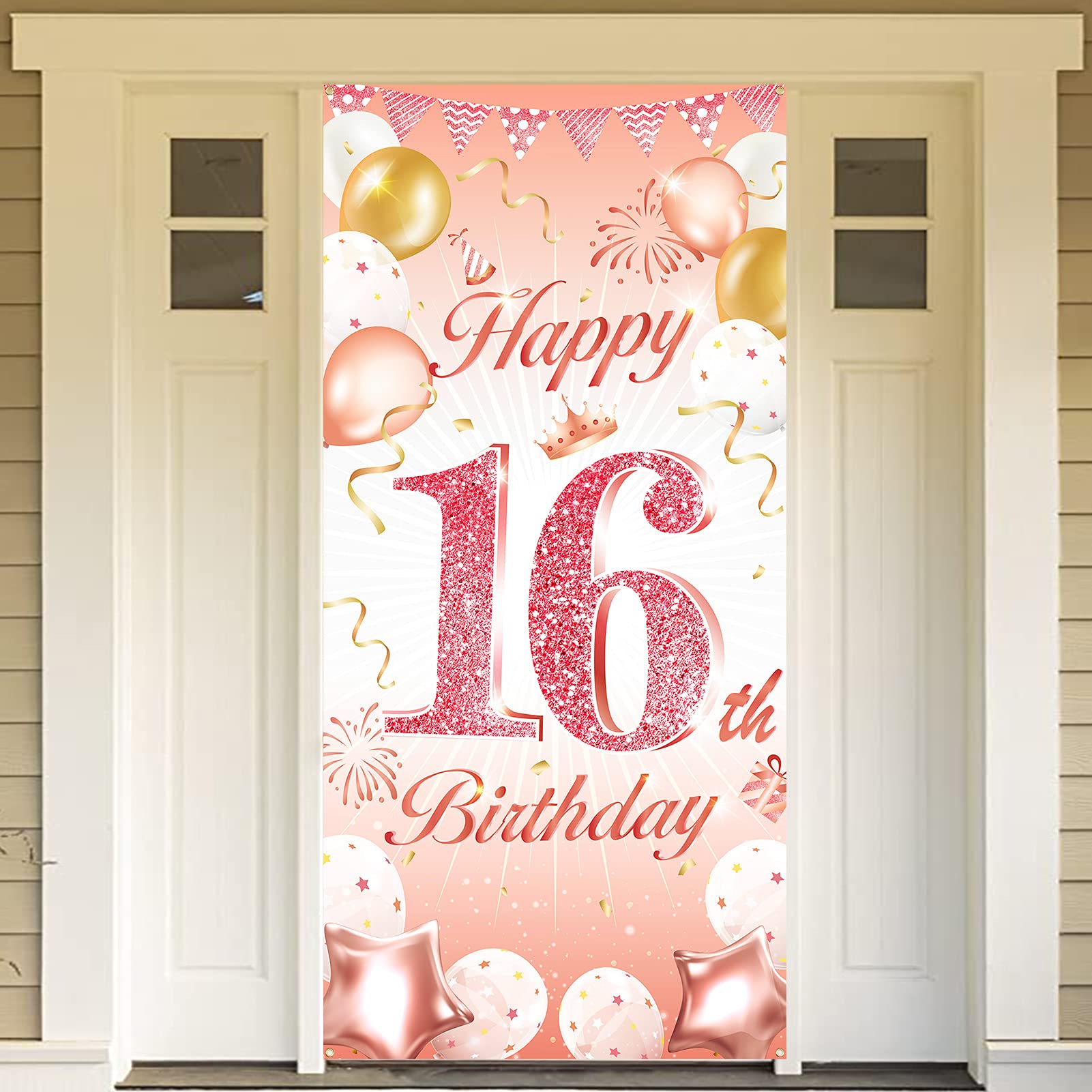 DPKOW Rose Gold 16th Birthday Party Decoration Girl, Rose Gold 16th Birthday Banner for Backdrop Door Decoration for Garden Table Wall, 185 x 90cm Fabric
