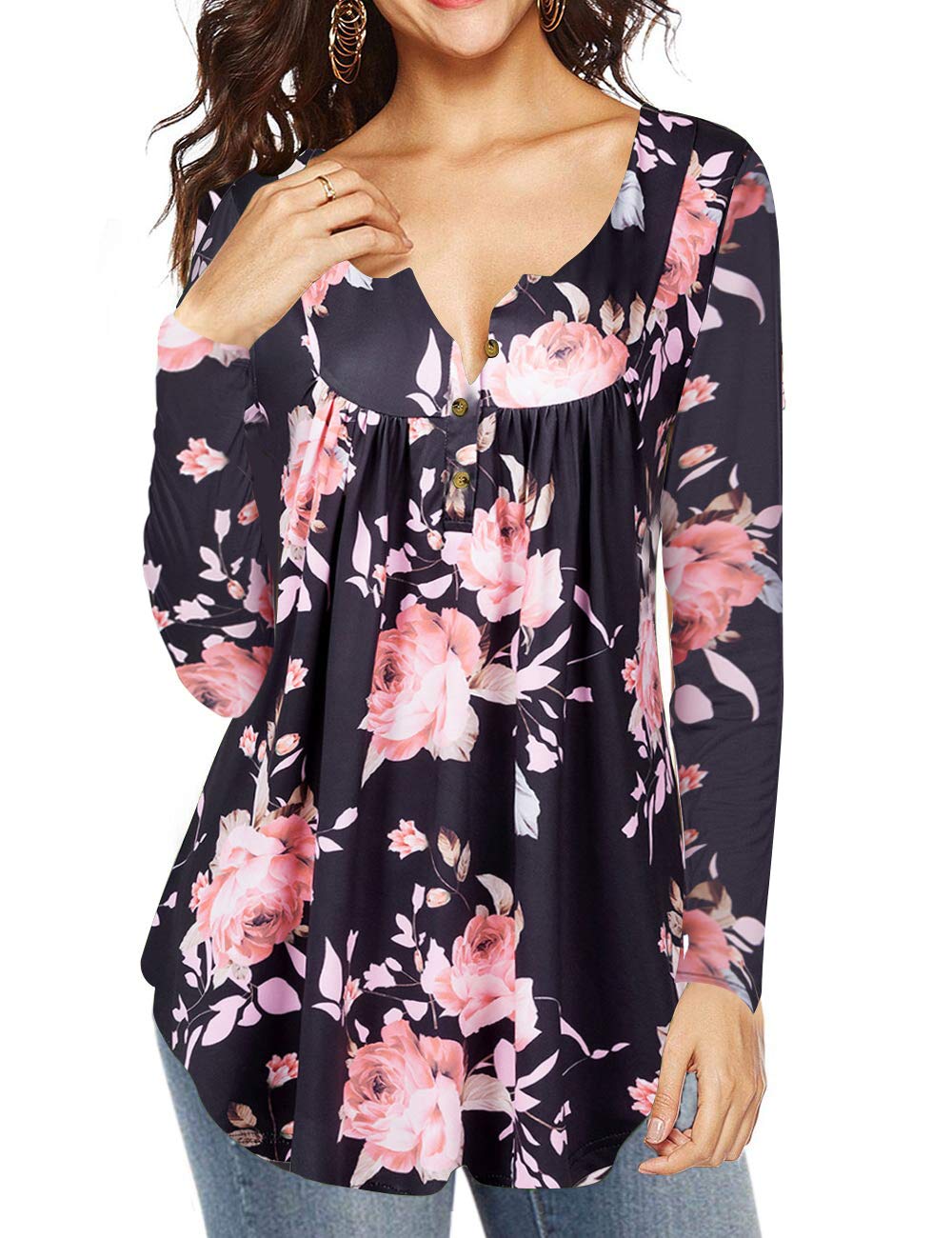 Eanklosco Women\'s Tops V Neck Floral Print Shirts Swing Ruffle Blouses Button up Tunic Casual Flowy Long/Short Sleeve