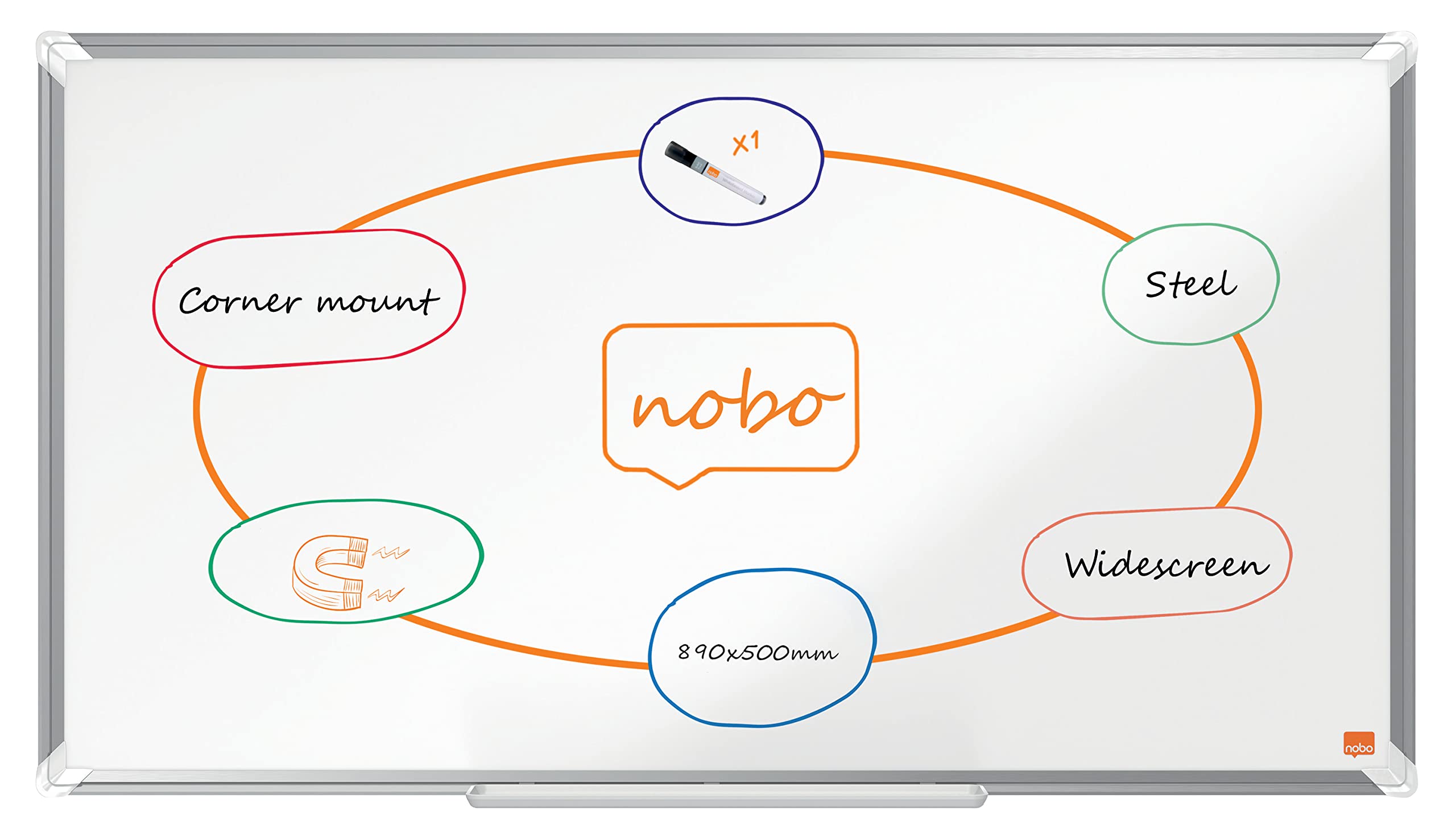 Nobo Premium Plus Widescreen Steel Magnetic Whiteboard – 890x500mm, Aluminium Trim, EU Ecolabel Certified, 1915371