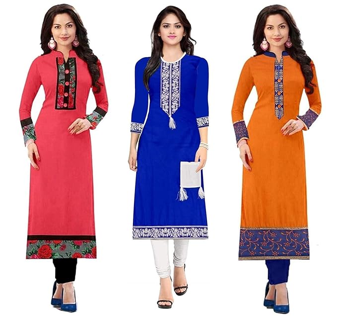 Women's Cotton Semi-Stitched Kurtis Combo (1002.1003.1030, Multicolour, Free Size) - Pack of 3