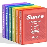 SUNEE 1 Inch Binders 3 Ring 6 Pack, Clear View Three Ring Binders PVC-Free (Fit 8.5x11 Inches) for School Binder or Office Binder Supplies, Classic 6 Colors