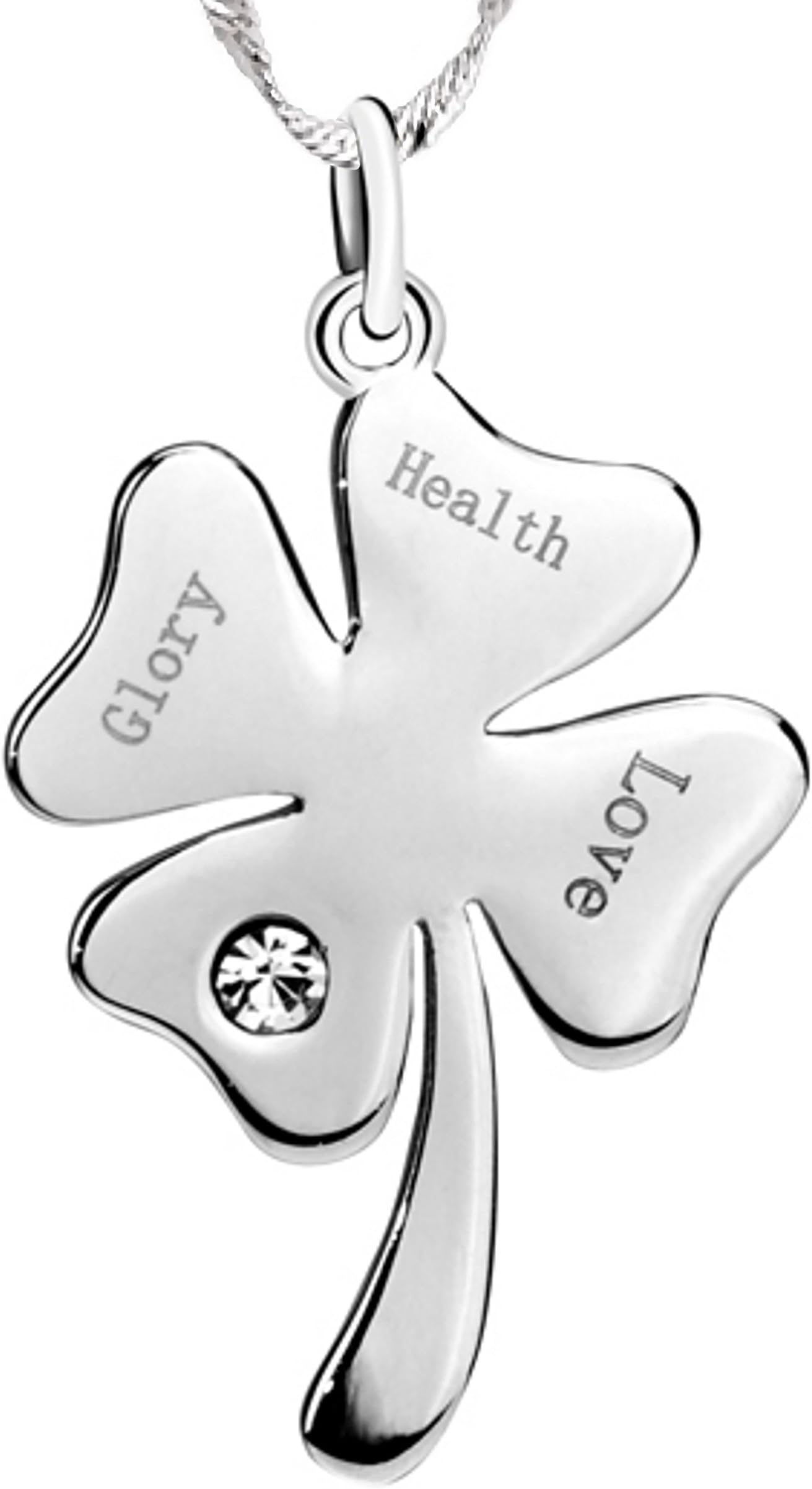 Good Luck Four Leaf Clover - Love, Health, Glory and Bright Sterling Silver Pendant Necklace