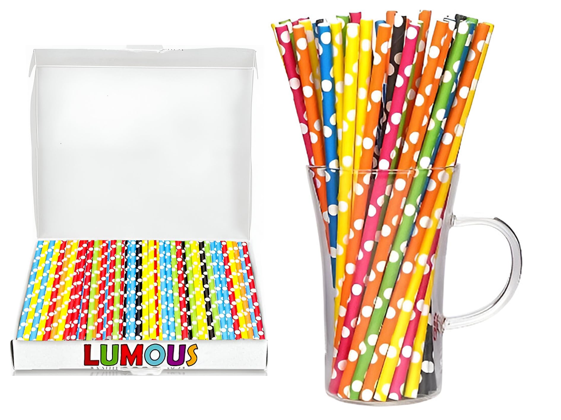 JANNGII Paper Straws,150 Pack Paper Drinking Straws Bio-Degradable Drinking Paper Straws Wedding Party, Party Straws, Restaurant, Juice Drinking Straws (150X Multi Polka Dots)