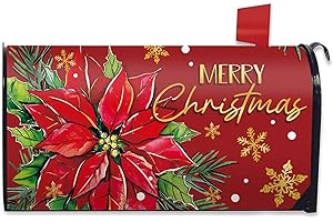 FBCOO Merry Christmas Poinsettia Mailbox Cover Magnetic Standard Size 20.5" x 18", Xmas Red Flower Decorative Post Letter Box Wrap Decor, Winter Holiday Floral Snowflake Garden Yard Outdoor Decoration