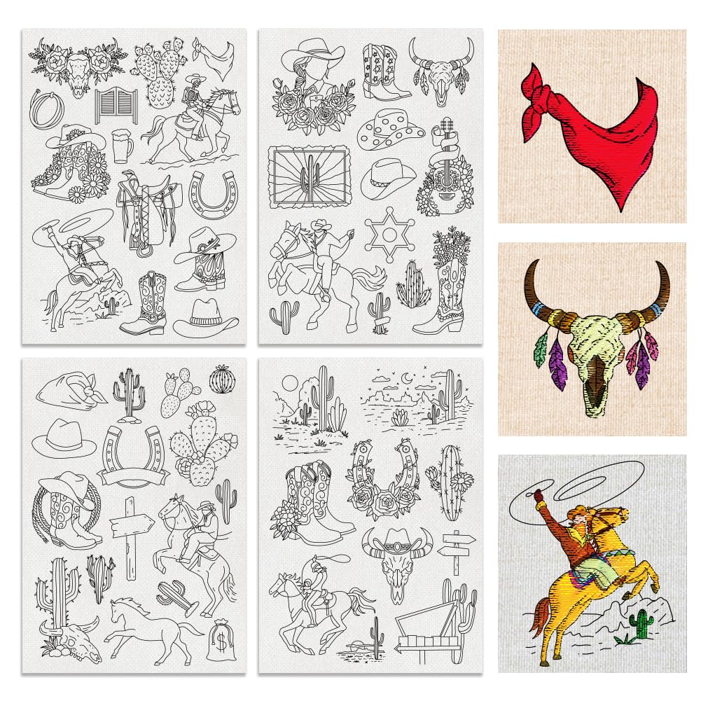 BENECREAT 4Sheets 53Pcs Cowboy Water Soluble Embroidery, 29.7x21cm Cowboy Boy Desert Scene Stick and Stitch Embroidery Paper Stabilizer for Shirts, Coats, Bags