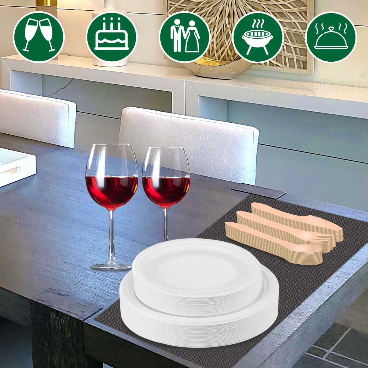 HOMURG Einweg Teller und Holz Besteck 30 Set, Einweggeschirr Set mit Dessertteller + Speiseteller + Gabel + Messer + Löffel 150 Stück, Party Geschirrset mit Pappteller und Holzbesteck für 30 Personen 5