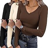 Ekouaer Womens 3 Pack Long Sleeve Shirts V Neck Ribbed Slim Fit Basic Tops Thermal Undershirts Casual Tee XS-XXL