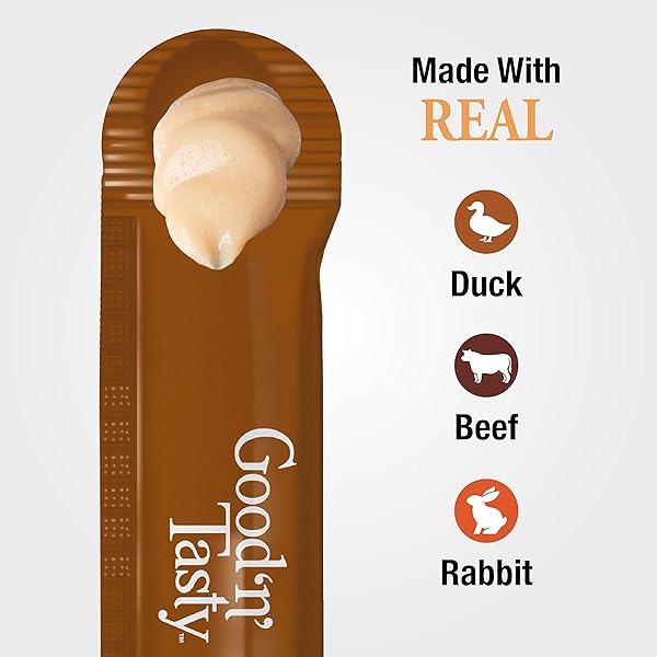 GOOD ‘N’ TASTY SAVORY SPOONABLES WITH REAL DUCK, BEEF & RABBIT, 6 COUNT TUBE, TRIPLE FLAVOR SQUEEZABLE LICKABLE WET TREATS FOR CATS WITH BUILT-IN SPOON FOR LESS MESS
