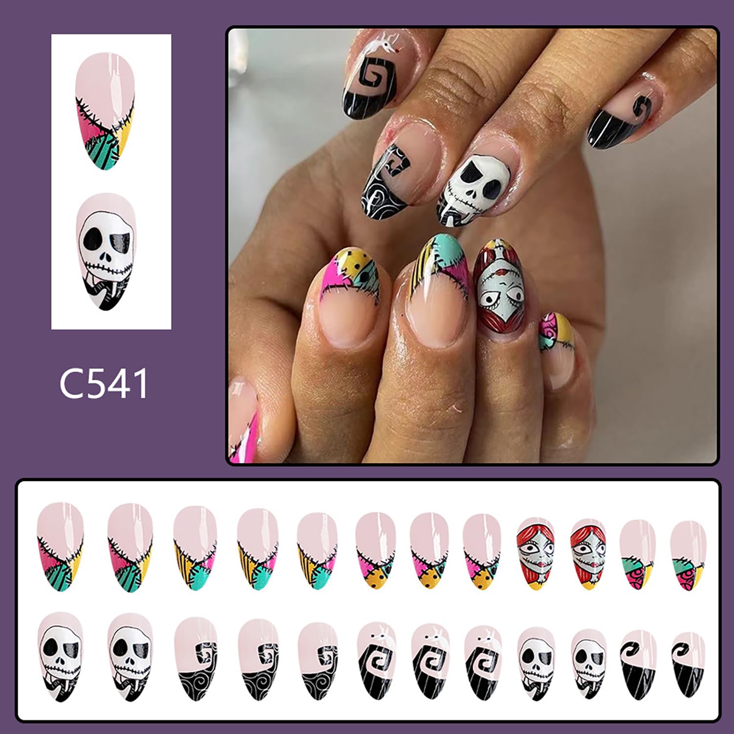 24 Pcs Halloween Press on Nails Short Almond Fake Nails Nightmare Before Christmas Acrylic Nails with Black White Skull Designs Glossy False Nails Stick on Nails for Women Girls - Image 2