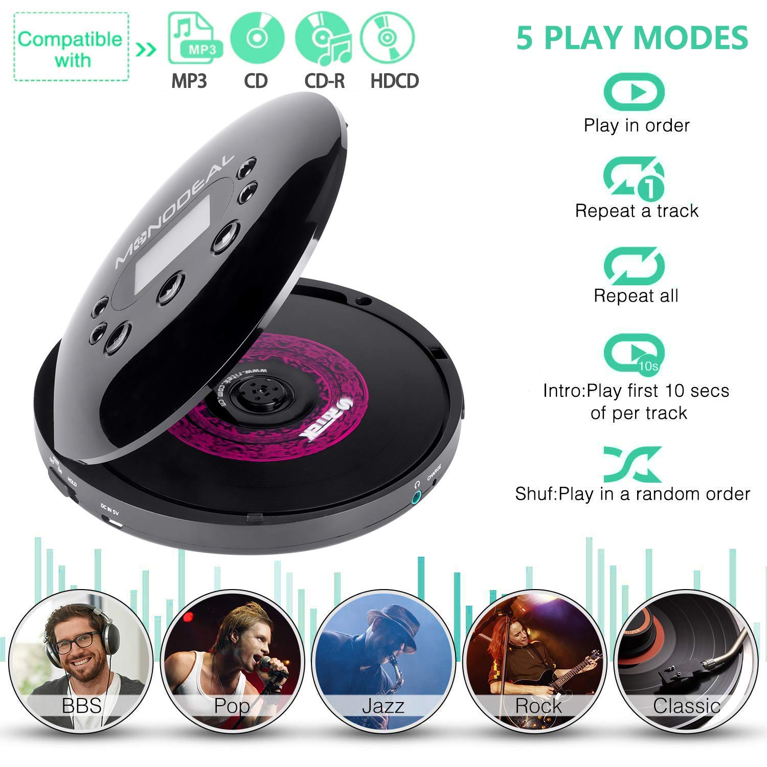 Portable CD Player, MONODEAL Rechargeable Personal Compact Disc CD Player with Headphones, Anti-Skip Small Player for Cars Adults Kids Students (with Larger LCD Display)
