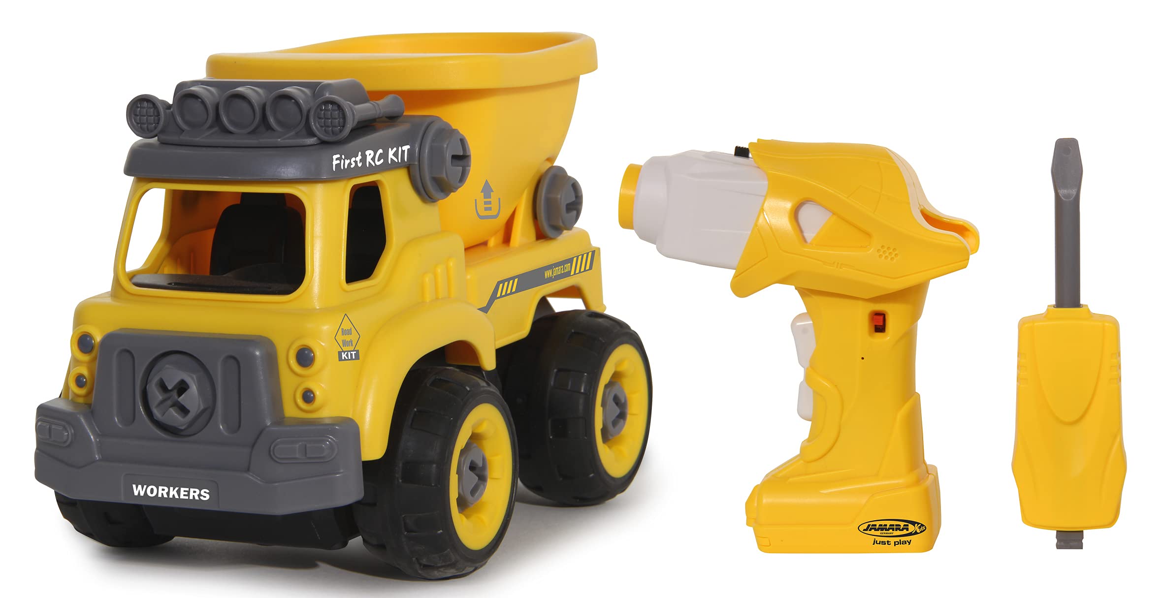 JAMARA 405226 First RC Dump Truck Kit 27 Pieces with Cordless Screwdriver Orange