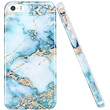luolnh iPhone 5 5S Case, Aquamarine and Gold Marble Design Slim Shockproof Flexible Soft Silicone Rubber TPU Bumper Cover Ski