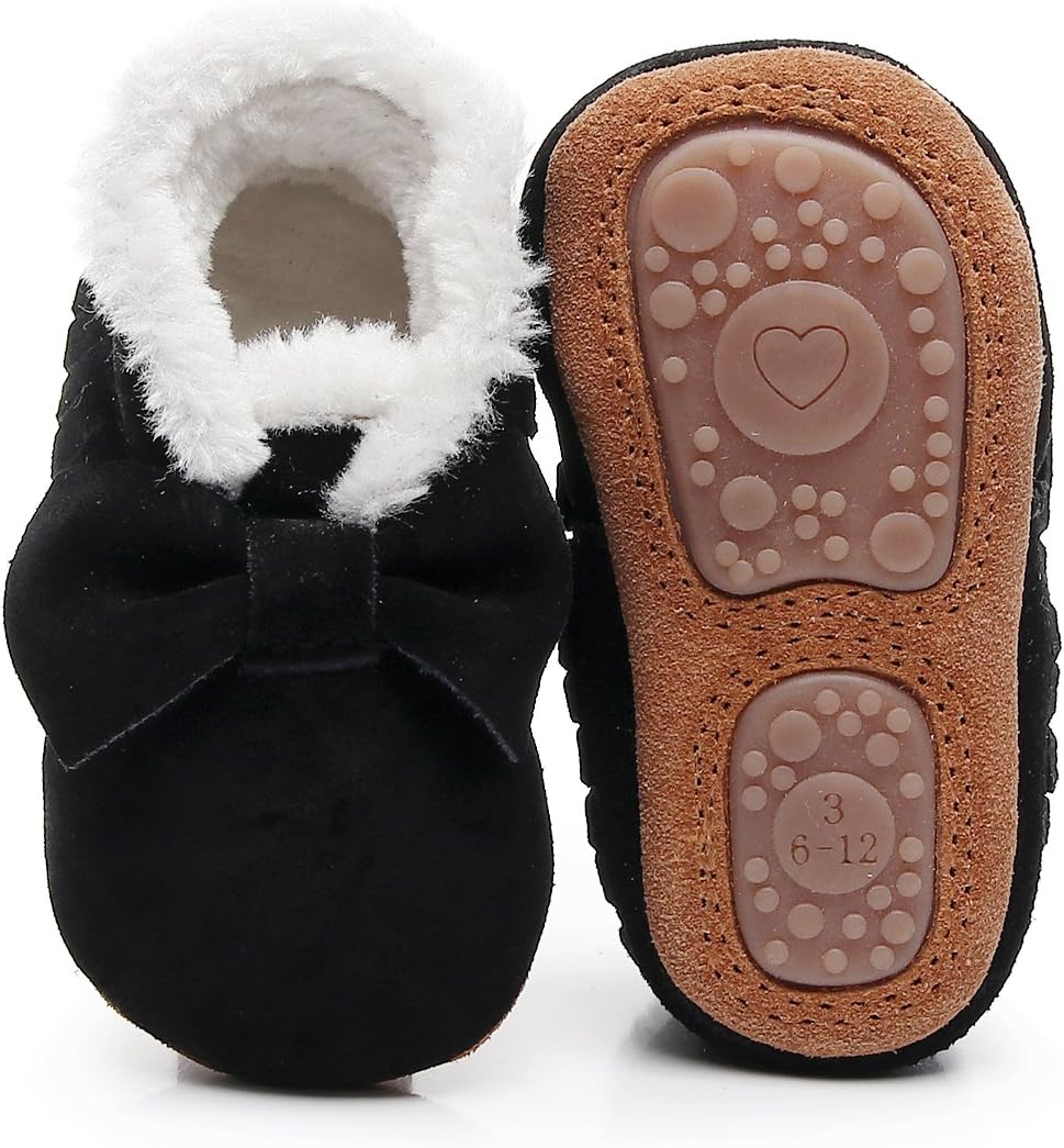 HONGTEYABaby Moccasins with Fur Fleece Rubber Soles Warm Snow Boots Leather Baby Shoes for Boys Girls