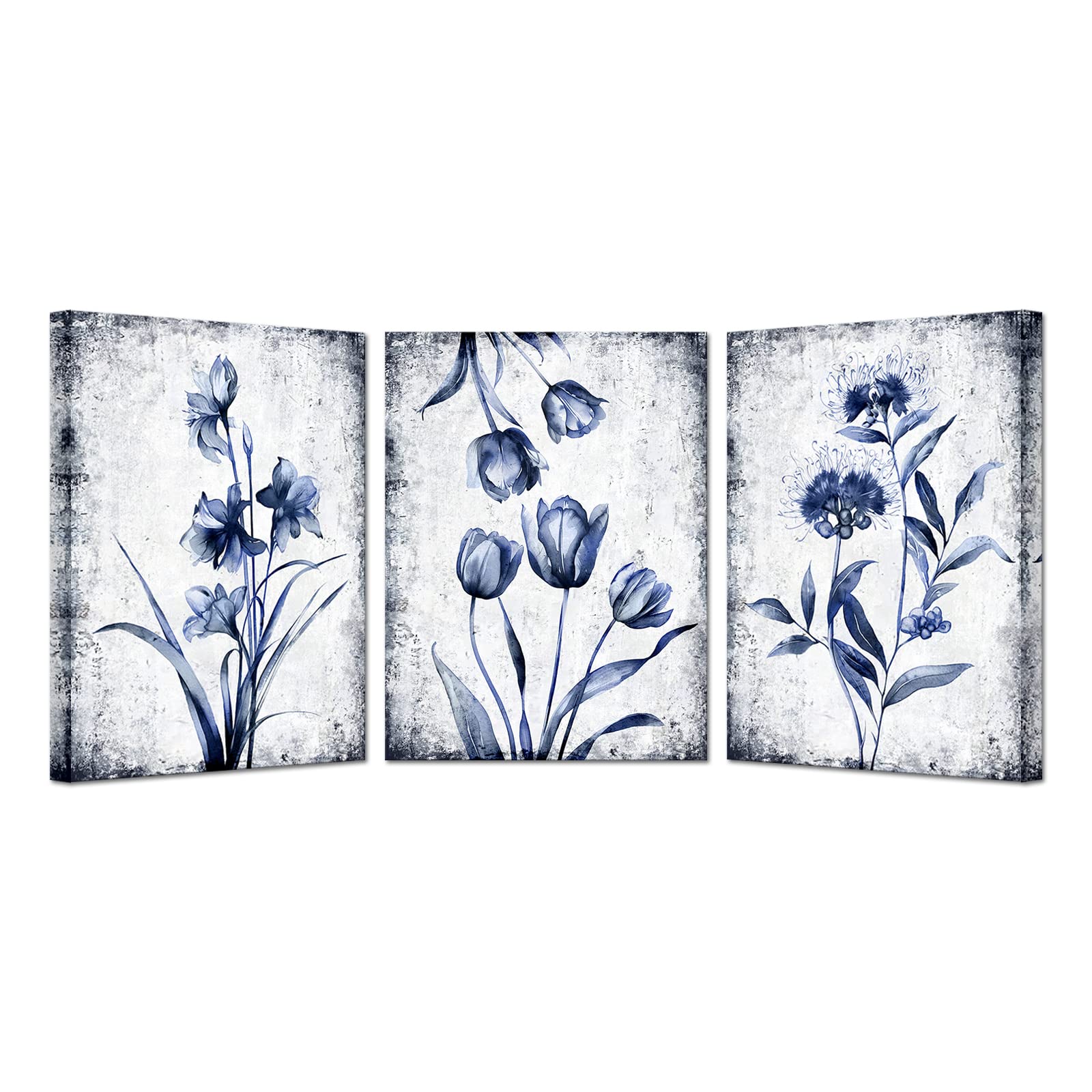 Photo 1 of KREATIVE ARTS 3 Pieces Canvas Wall Art Navy Blue and Grey Flower Painting Art Prints Vintage Floral Picture Artwork Modern Bedroom Bathroom Wall Decor Framed Ready to Hang Each Panel 12x16 Inches