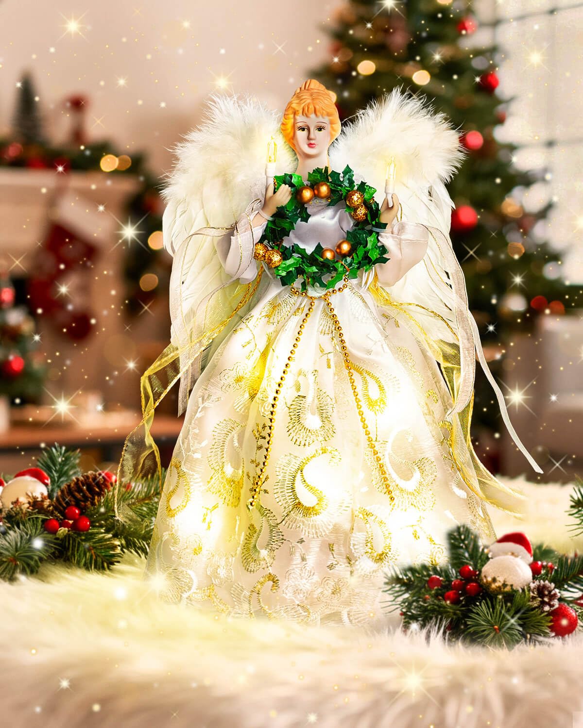 Angel Tree Topper with Lights | 12 Inch Christmas Angel Tree Topper with Feather Wings | Battery Powered Christmas Tree Toppers Lighted for Vintage Decor | Xmas Tree Topper Ornament, White
