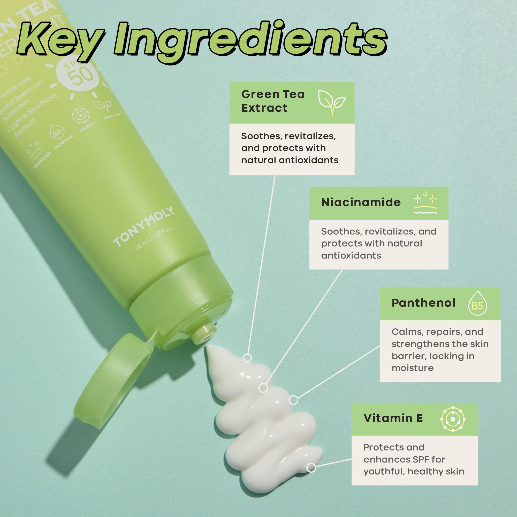 TONYMOLY Green Tea Korean Sunscreen SPF 50 – Non-Greasy Broad Spectrum Face Sunscreen with Niacinamide, Panthenol & Hyaluronic Acid, Travel Size 50ml