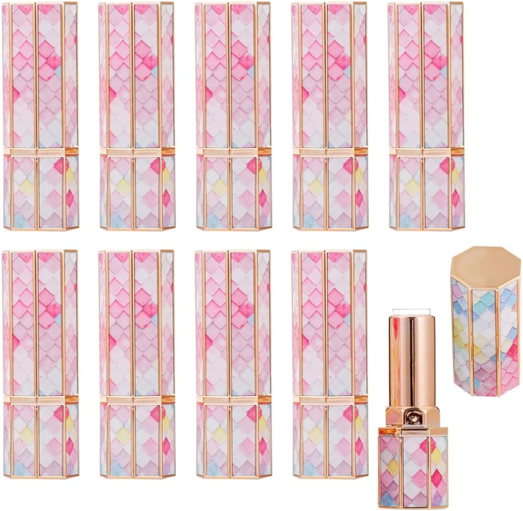 YARUMI 10 Pieces 12.1mm Mermaid Multifaceted Refillable Lip Tube, Handmade Lipstick Empty Container with Cap, 4g Plastic Lipstick Tubes, DIY Lip Balm Lipgloss Holder Container, Pink Lip Balm Pipe