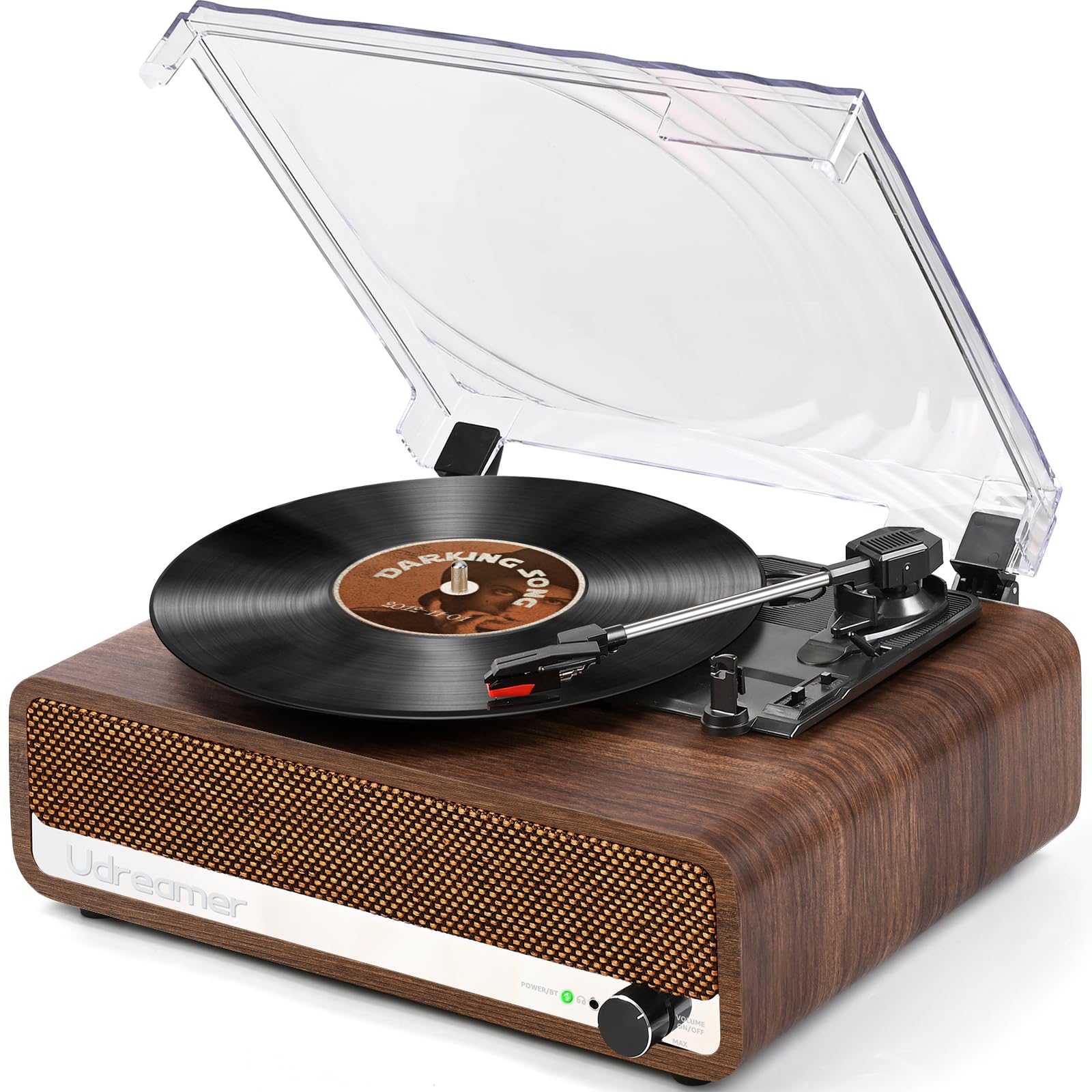 Photo 1 of Vinyl Record Player with Speakers,3 Speed Turntable with Bluetooth, Aux, Headphone Jack, RCA Output and Auto Stop,Mirror Vintage Wooden Walnut