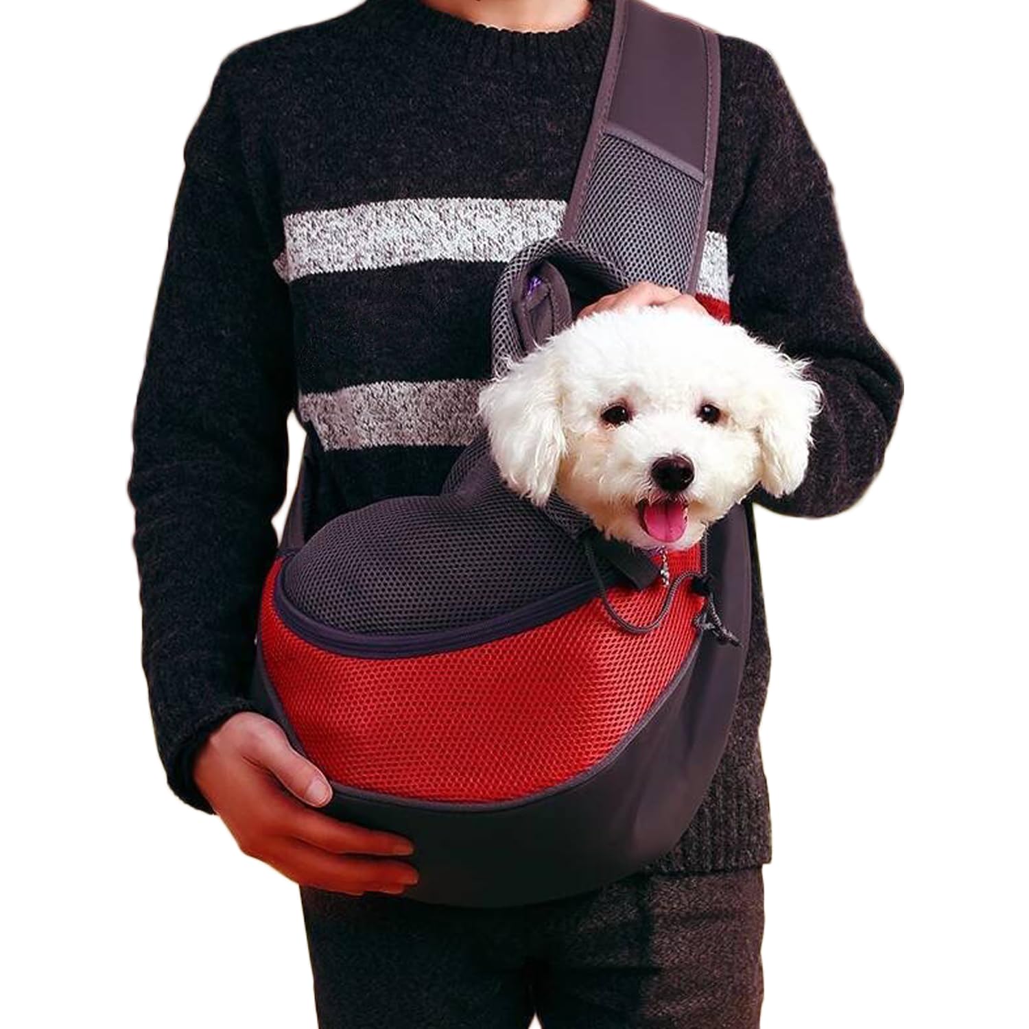 Pet Dog Carrier Sling Hands-Free Sling Bag Breathable Mesh Outdoor Travel Bag Small Dogs Cats Shoulder Tote Bag with Front Pocket and Wide Shoulders for Outdoor Travel Walking Daily Use 10lb (Red)