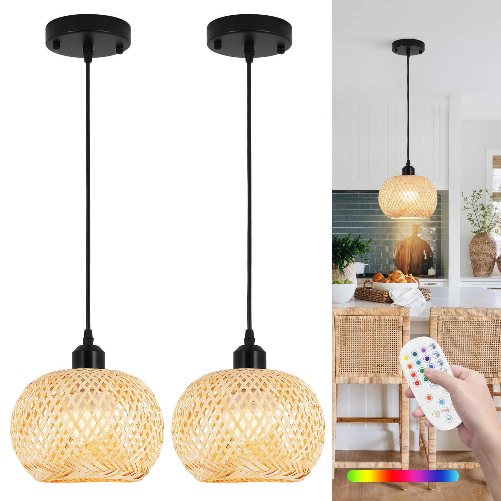 Photo 1 of Boho Pendant Light Battery Operated,Rechargeable Woven Pendant Light with Remote,Rattan Pendant Light Fixtures for Kitchen Island,Wicker Hanging Lights for Dining Room Bedroom Hallway Entryway.