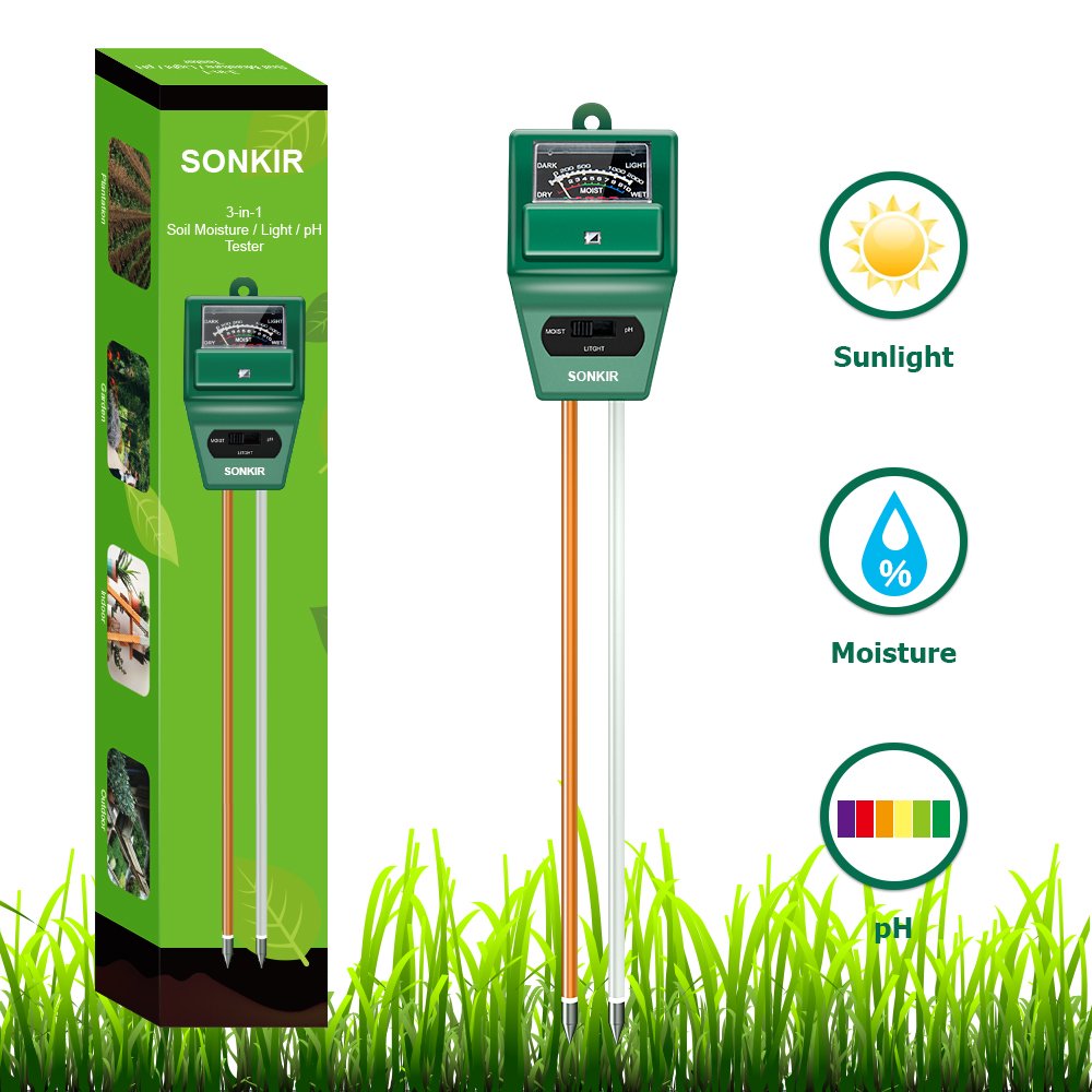 Sonkir Soil Tester, MS02 3-in-1 Plant Moisture Sensor Meter/Light/pH Tester for Home, Garden, Lawn, Farm, Indoor & Outdoor Use, Promote Plants Healthy Growth (Green)