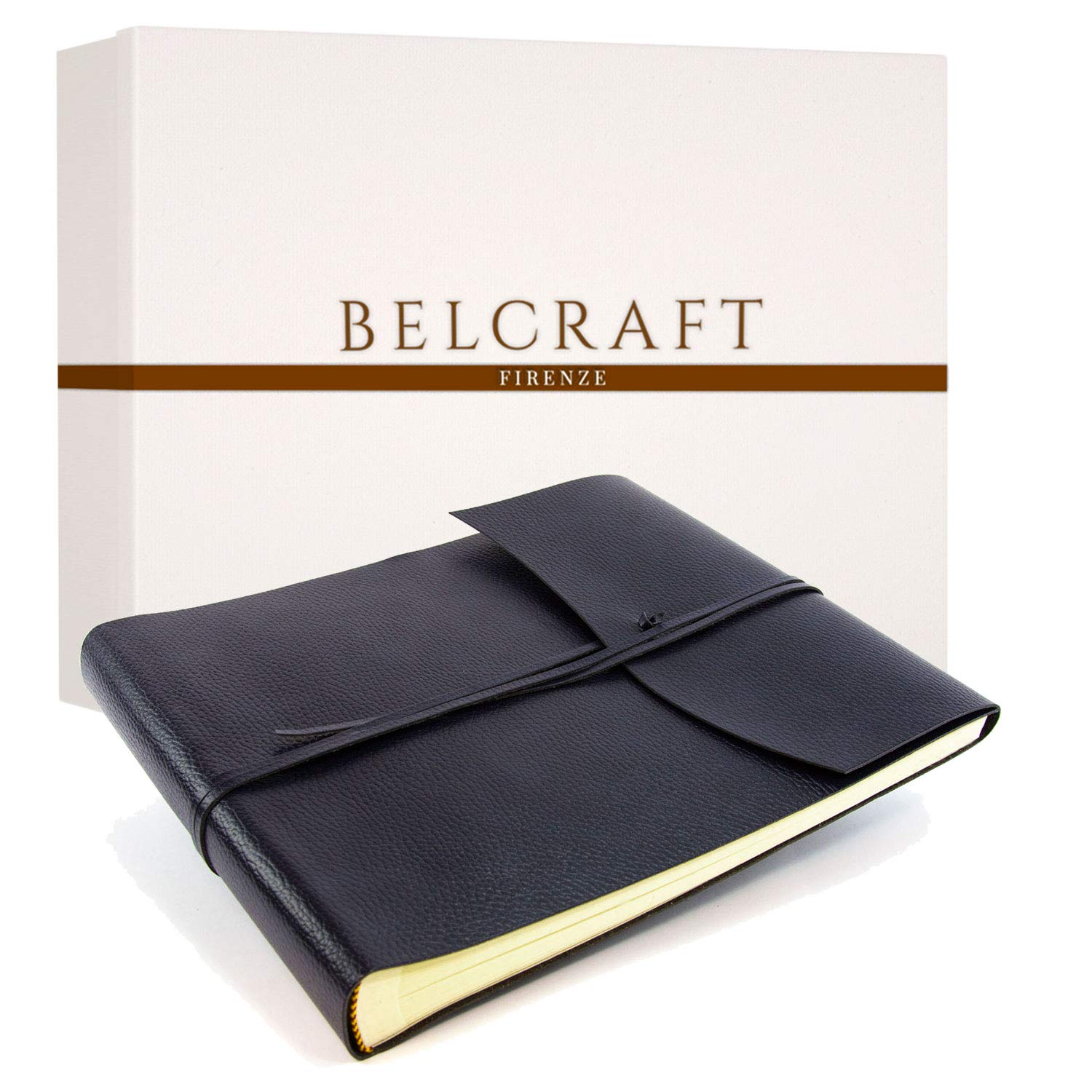 BELCRAFT Tivoli Large Recycled Leather Bound Photo Album, Landscape, MADE IN ITALY, Memory Photo Album, Scrapbook, Picture Album 6x4, Including BOX, A4 (25x32 cm) Navy