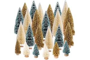 Yahpetes Christmas Trees 24 Pcs Artificial Mini Christmas Trees Miniature Pine Trees 4 Sizes Sisal Trees with Wood Base Bottle Brush Trees Tabletop Xmas Tree for Crafting Displaying Decoration