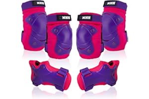 NHH Adult & Kids Knee Pads Elbow Pads Wrist Guards for Kids Youth Adultds Men and Women 6 in 1 Protective Gear Set for Skateboarding, Skating, Roller Skating and Multi-Sports (Pink-Purple, Large)