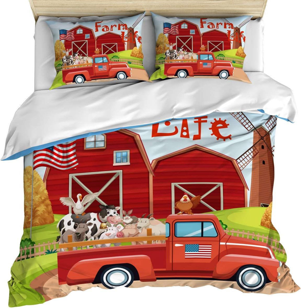 Amazon Com 3 Piece Bedding Set Comforter Quilt Cover Set Full Size Farm Life And Windmill Red Truck Loads Of Animals And Barnyard Duvet Cover Set With 2 Pillow Shams For Kids Teens Adults Toddler Home