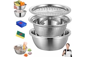 German Quality 3-in-1 Stainless Steel Grater Bowl, 2026 New 3 in 1 Multifunctional Stainless Steel Basin Strainer Set with Gr