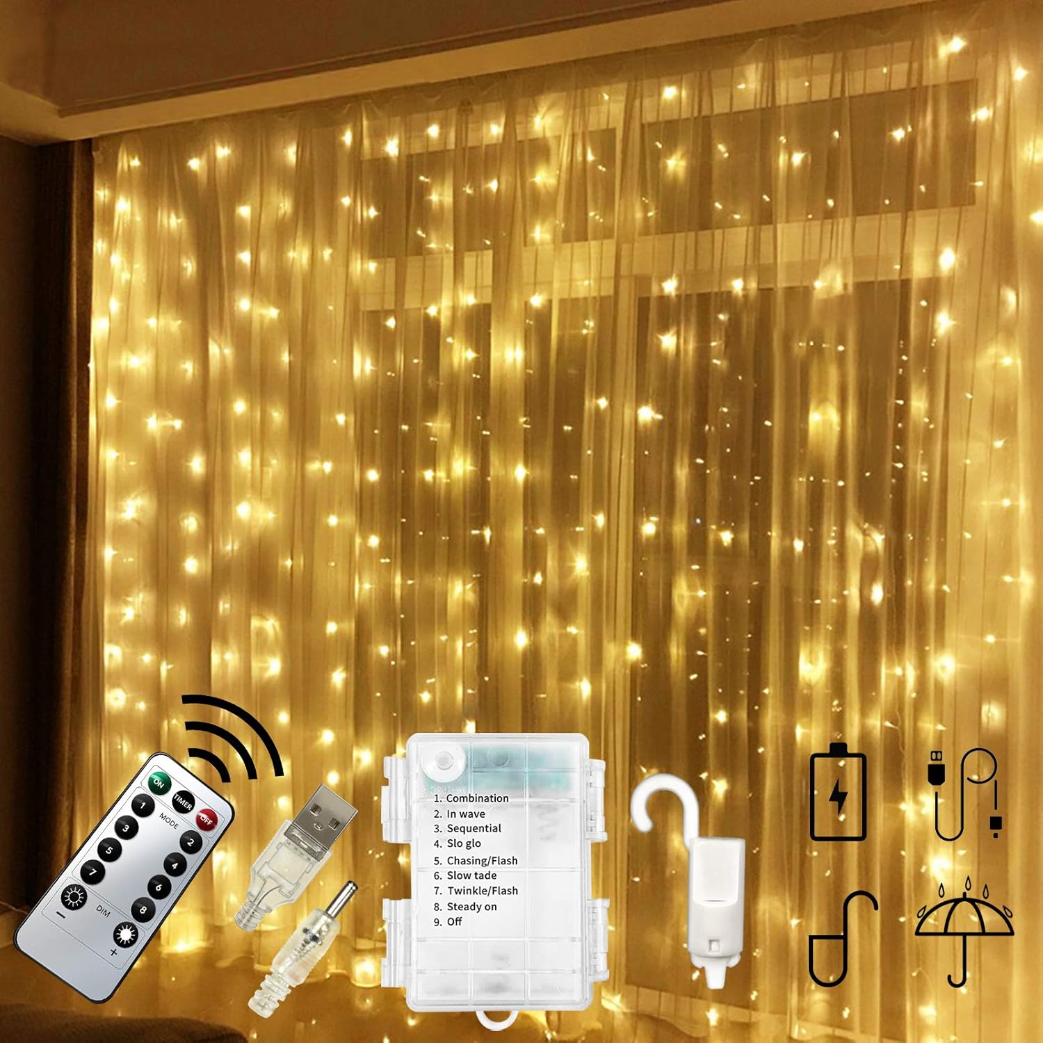 Chipark 300 LED Curtain Lights USB Operated Or Battery Powered Window