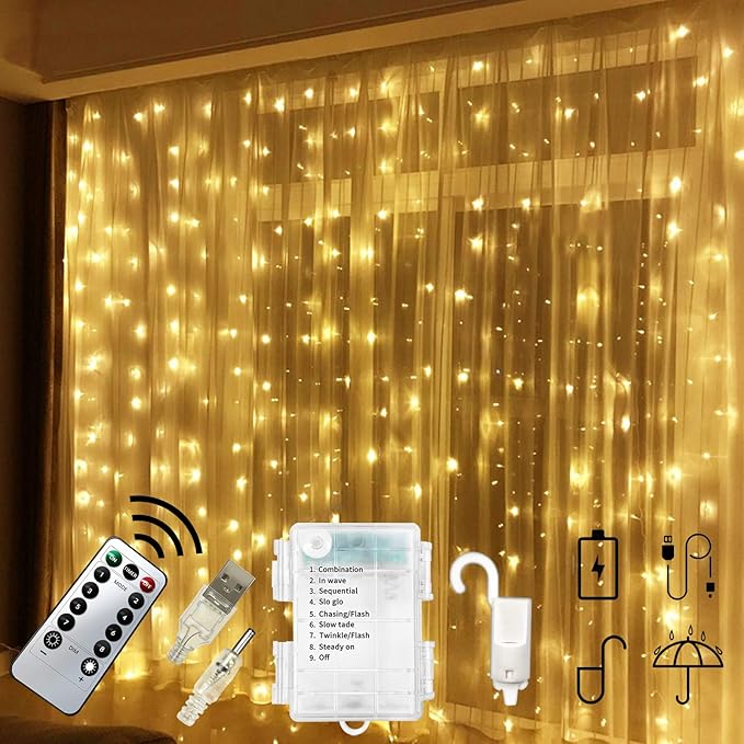 Chipark 300 LED Curtain Lights USB Operated Or Battery Powered Window