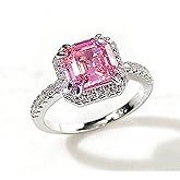 Vsoruln 925 Sterling Silver Shiny Full Diamond Ring Square Pink Princess RingCocktail Rings Round Cut Cubic Zirconia Promise Rings CZ Diamond Halo Ring Eternity Engagement Band Ring for Women (8)