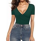 MANGOPOP Women's Cross Wrap Ruched Plunge Sexy Deep V Neck Slim Fit Short Sleeve T Shirt Tunic Tops Tee
