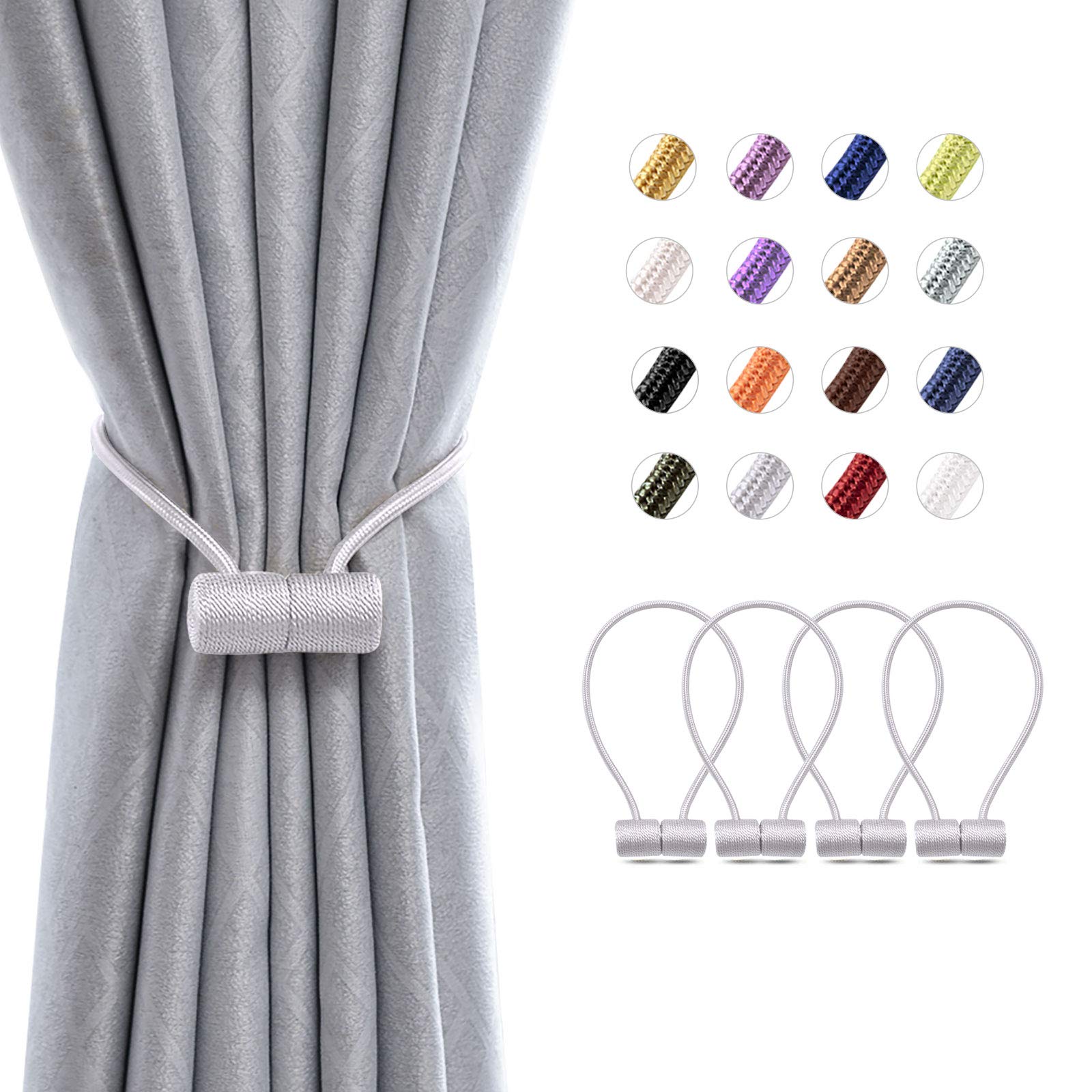 Pretty Jolly 4 Pack Magnetic Curtain Tiebacks 16 Inch Modern Handmade Weave Rope Curtain Holdbacks Convenient Decorative Curtain Drape Tie Backs for Home and Office Window Drapery (Grey)