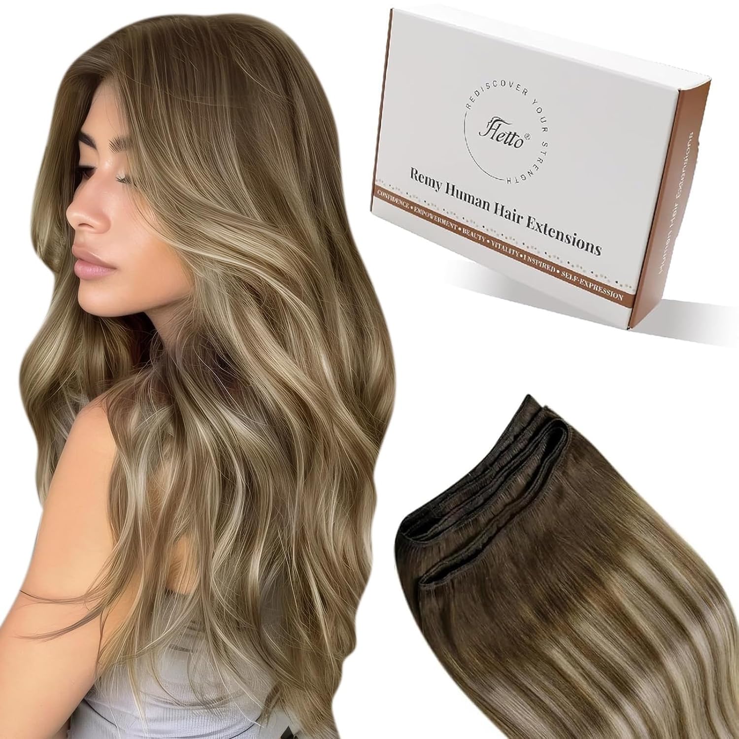 Hetto Weft Hair Extensions Real Human Hair Dark Brown to Light Brown Ombre Blonde - Full Head Thick Sew in Human Hair Wefts, Versatile for Daily & Party Styling 12 Inch 70g #3/8/22 — image 1