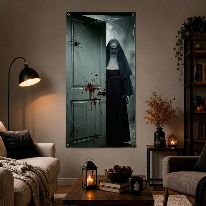 Banner de Puerta de Halloween Aterrador 180 x 90 cm, Decoración de Puerta de Horror para Fiesta (Monja Blanca)