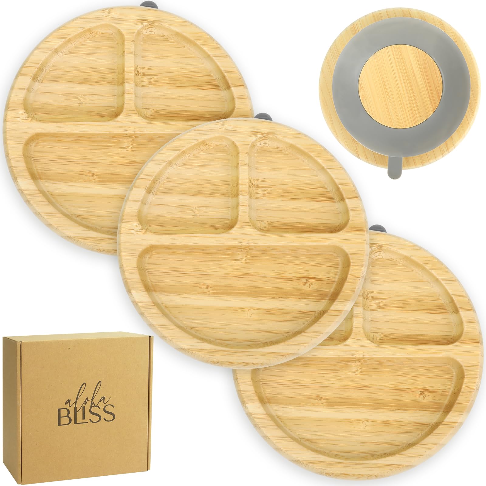 Photo 1 of 3PCS Bamboo Suction Plates for Babies - Baby Suction Food Plate - Suction Plate for Toddlers - 3 Sectioned Toddler Plates for Easy Feeding & Mess-Free Meals - Suction Plates for Baby and Toddlers