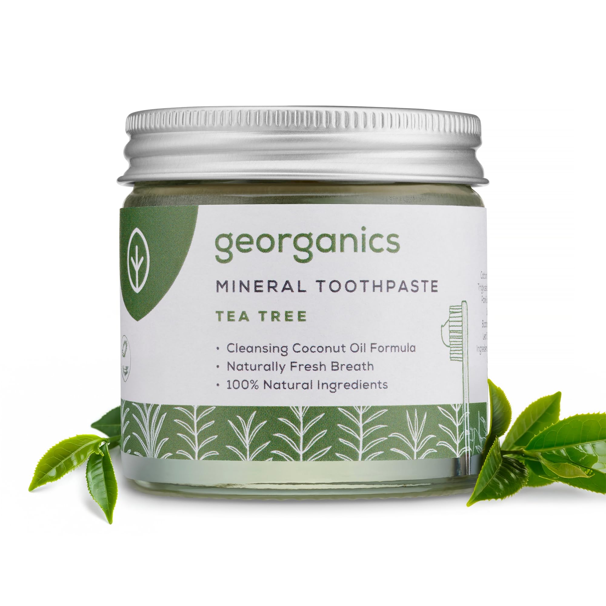 Georganics Mineral Toothpaste - 120ml - Tea Tree Flavour - Fluoride, SLS & Glycerine Free - Non-Foaming Natural Toothpaste with Virgin Coconut Oil - Certified Cosmos Natural, Vegan and Cruelty-Free
