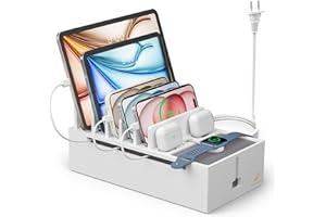 Pezin & Hulin Bamboo Charging Dock Station for Electronic Devices, Docking Organizer for Phone and Tablets, Smart Watch, Earbuds, Power Strip Box (Included 5-Port USB Charger and 5 Cables) -White