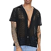 URRU Mens Floral Lace Shirt Short Sleeve Hollow Out Sheer See Through Casual Button Down Shirts