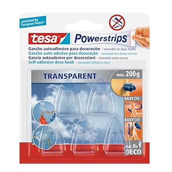 Tesa 58900-00014-01 Powerstrips und Haken für Dekorationen, 5 transparente Haken, 8 doppelseitige Klebestreifen, entfernbar