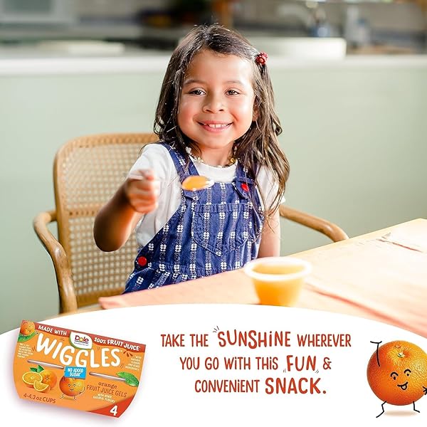 DOLE WIGGLES NO SUGAR ADDED ORANGE FRUIT JUICE GELS SNACKS, 4.3OZ 4 TOTAL CUPS, GLUTEN & DAIRY FREE, BULK LUNCH SNACKS FOR KIDS & ADULTS