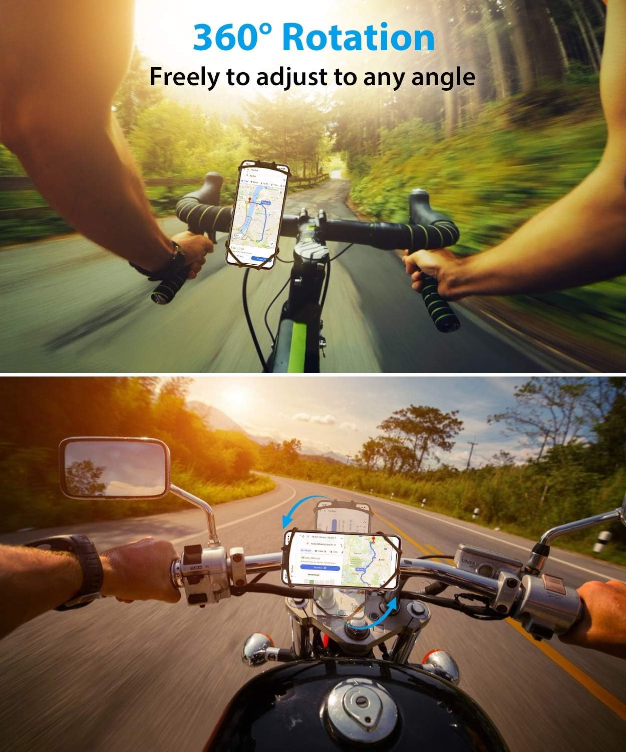 Phone Holder for Bike 360° Rotation Motorcycle Phone Mount with Silicone Buckle Design Adjustable Handlebars Bicycle Phone Mount Universal for iPhone 12 11 Pro X 8 7 SE, Samsung S20, 4'' - 7'' Phones