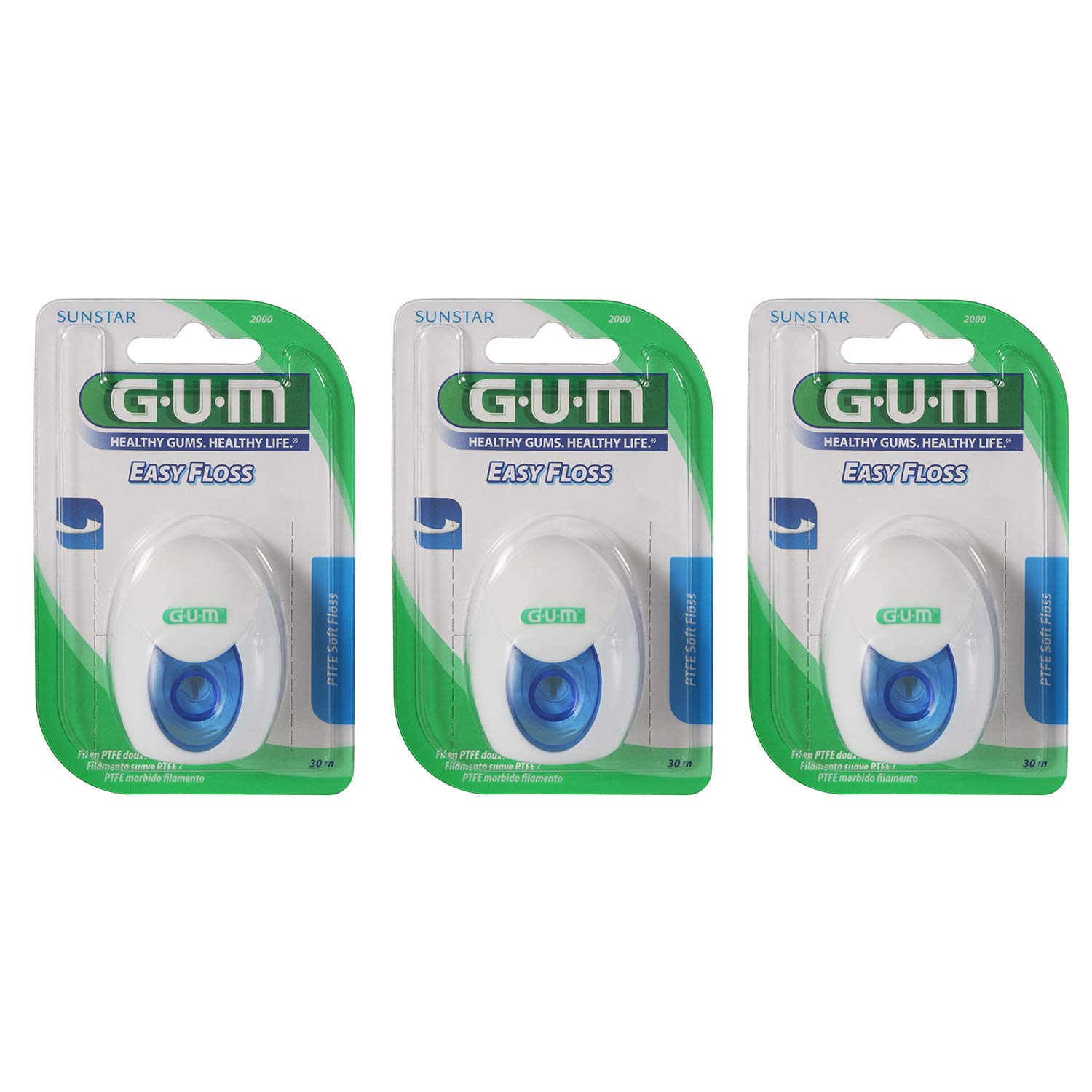GUM Dental Floss, PTFE Waxed, Tear-Resistant, Mint, 90 meter (3x30m), Shred Resistant, Gum Line Plaque Removal, Adult, Includes Floss Dispenser, Pack of 3